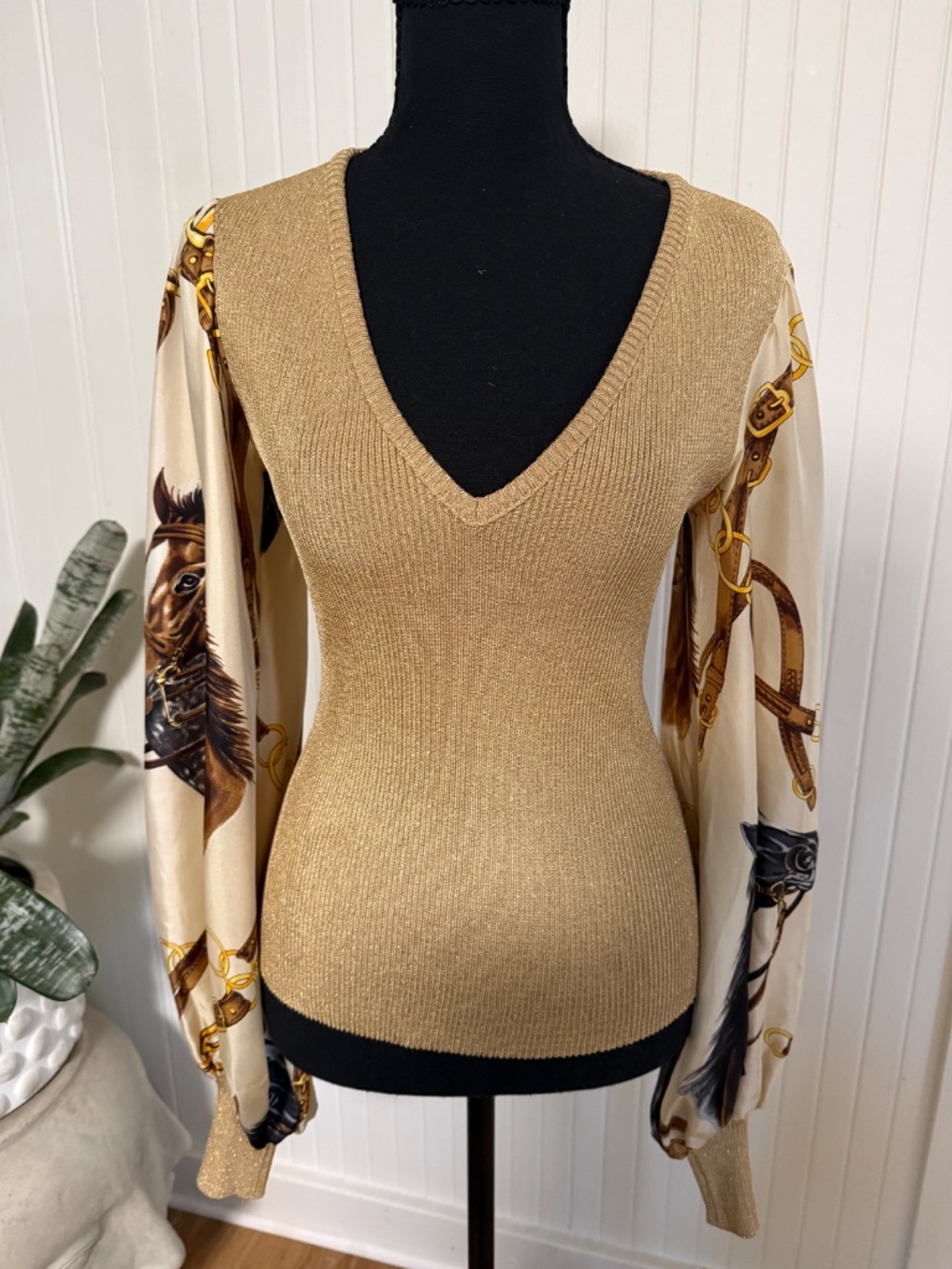 Vintage D&G Dolce & Gabbana Gold Knit Top Equestrian Print Silk Sleeves Sz S